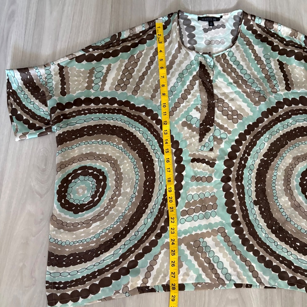 Lafayette 148 New York Women Blouse Silk Geometric Circle Print Teal Brown Siz L - Picture 4 of 9